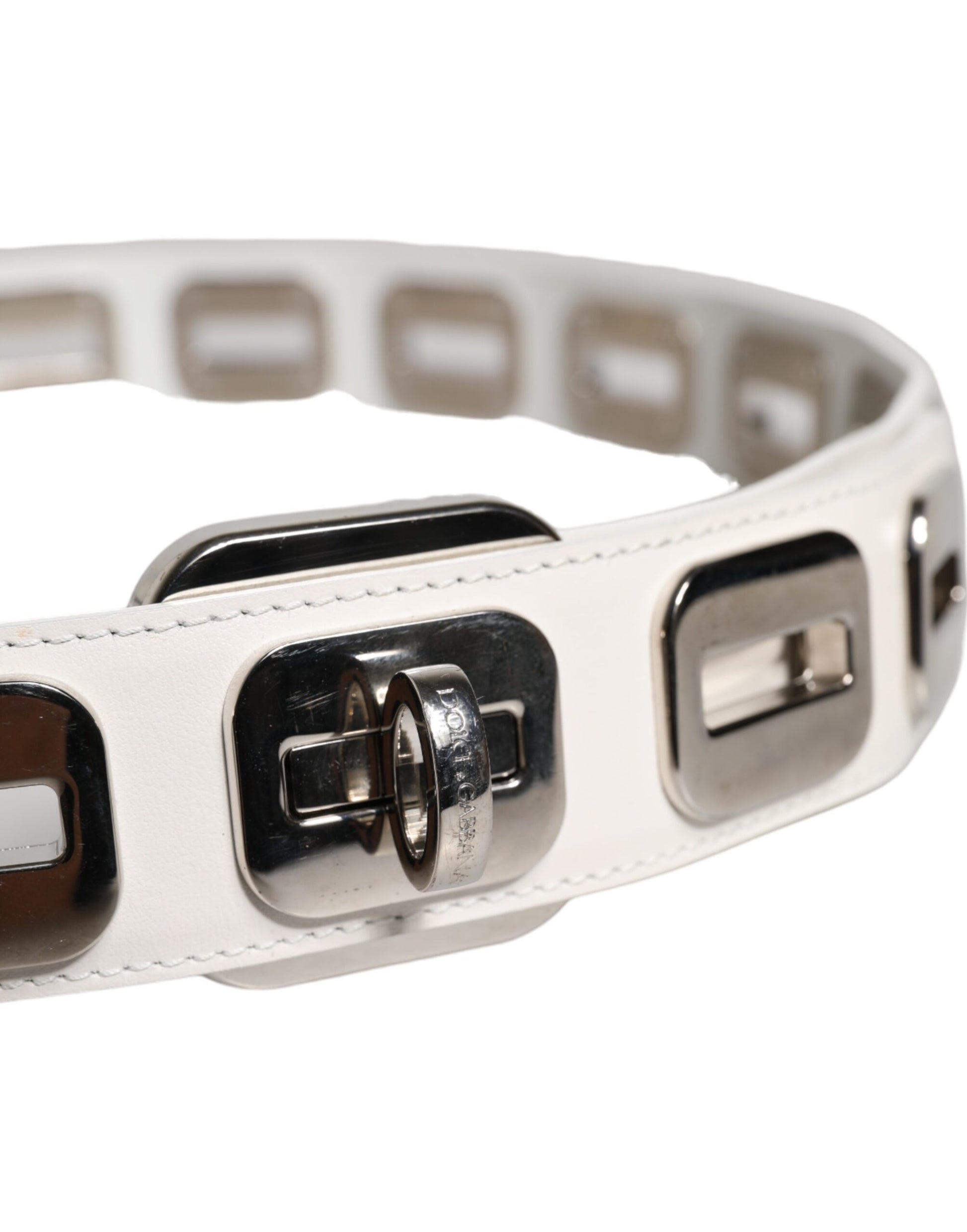 White Leather Gold Tone Rotating Buckle Belt