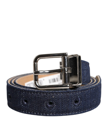 Blue Denim Silver Logo Metal Waist Buckle Belt