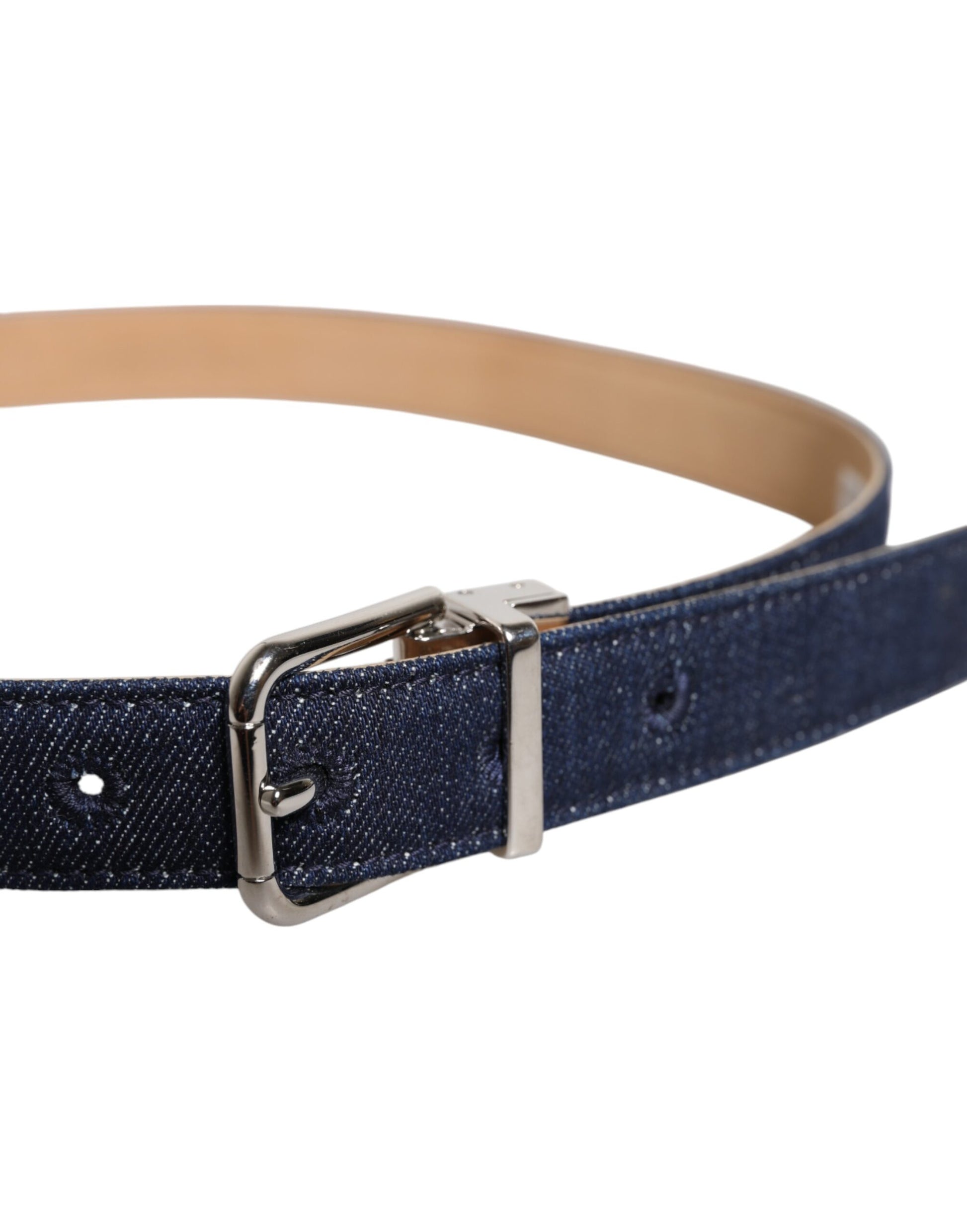 Blue Denim Silver Logo Metal Waist Buckle Belt