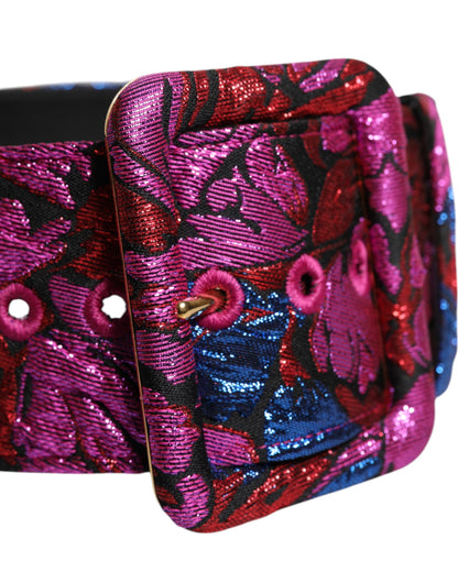 Multicolor Floral Jacquard Lurex Wide Waist Buckle Belt