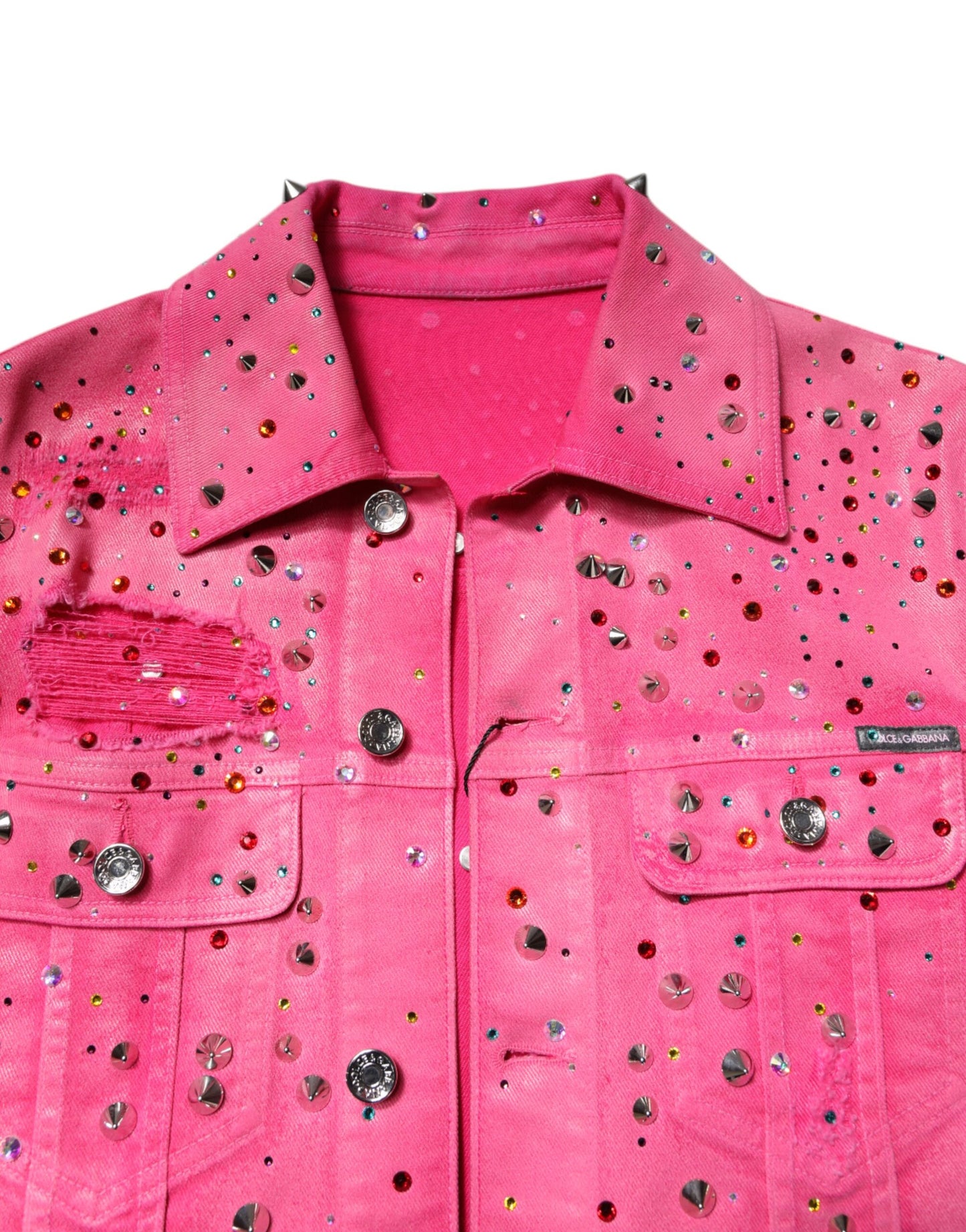 Pink Crystal Embellished Cotton Denim Jacket