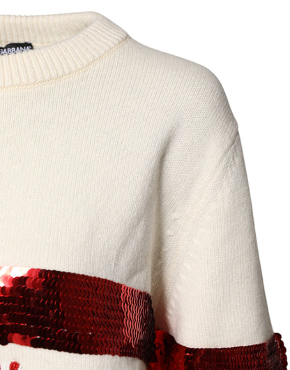 White Sequined Crew Neck Pullover Sweater