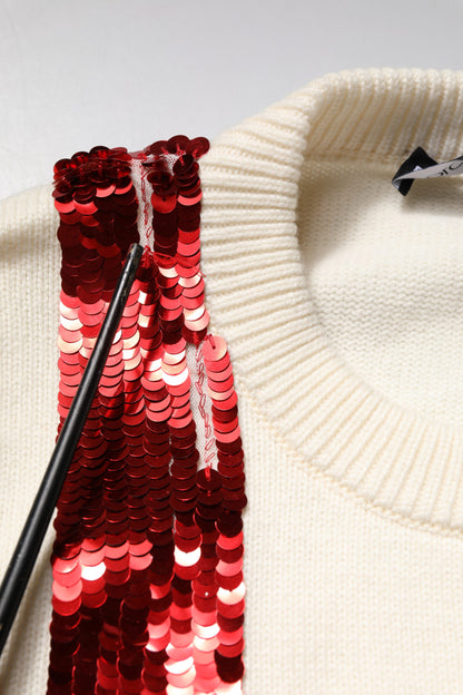 White Sequined Crew Neck Pullover Sweater