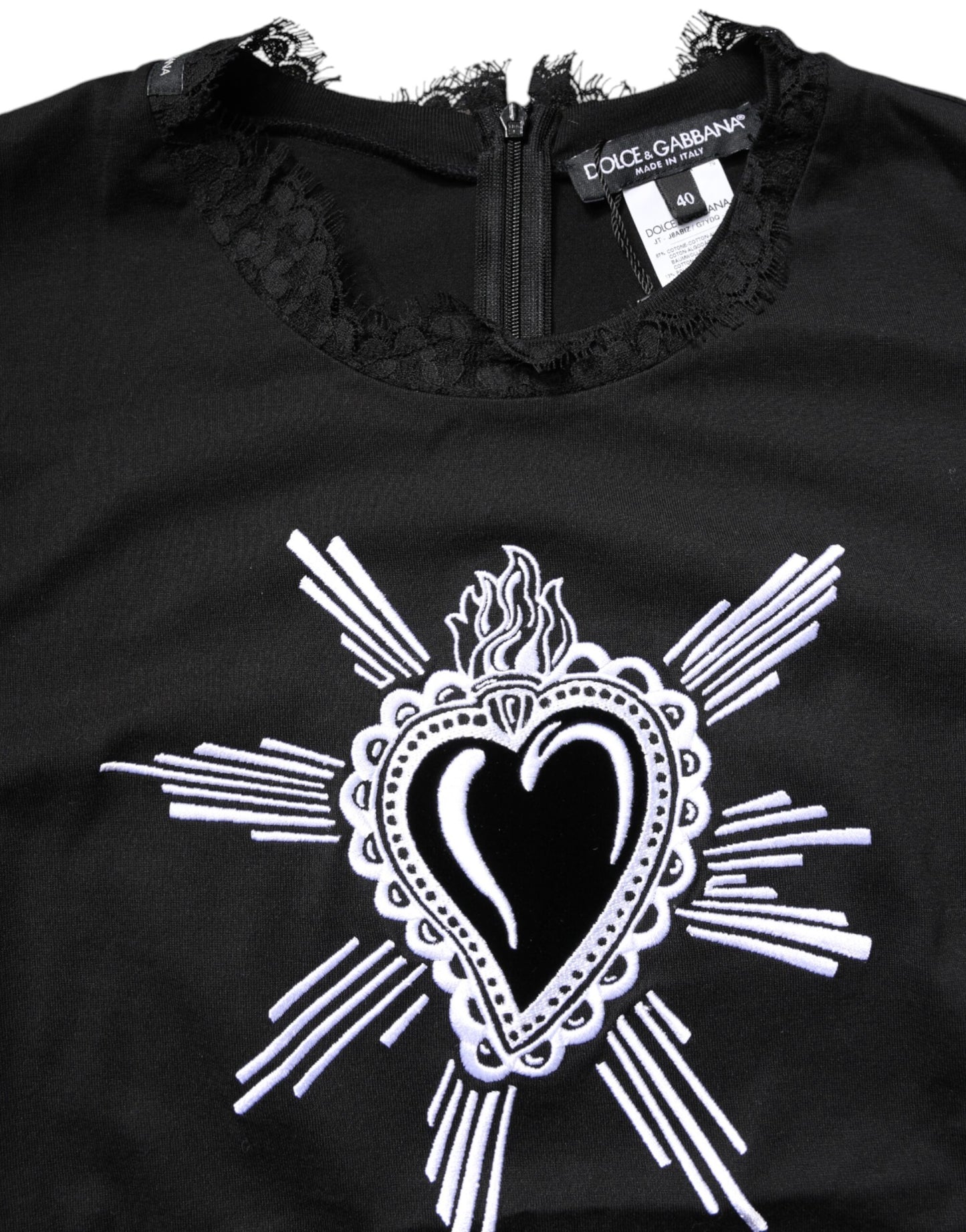 Black Lace Sheer Sacred Heart Crew Neck Top