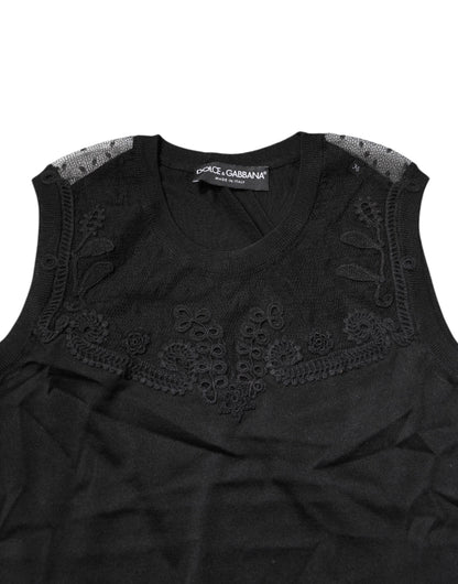 Black Lace Sheer Crew Neck Sleeveless Top