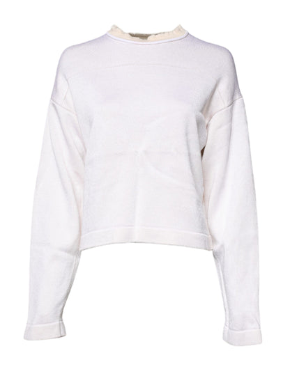 White Viscose Crew Neck Long Sleeves Pullover Sweater