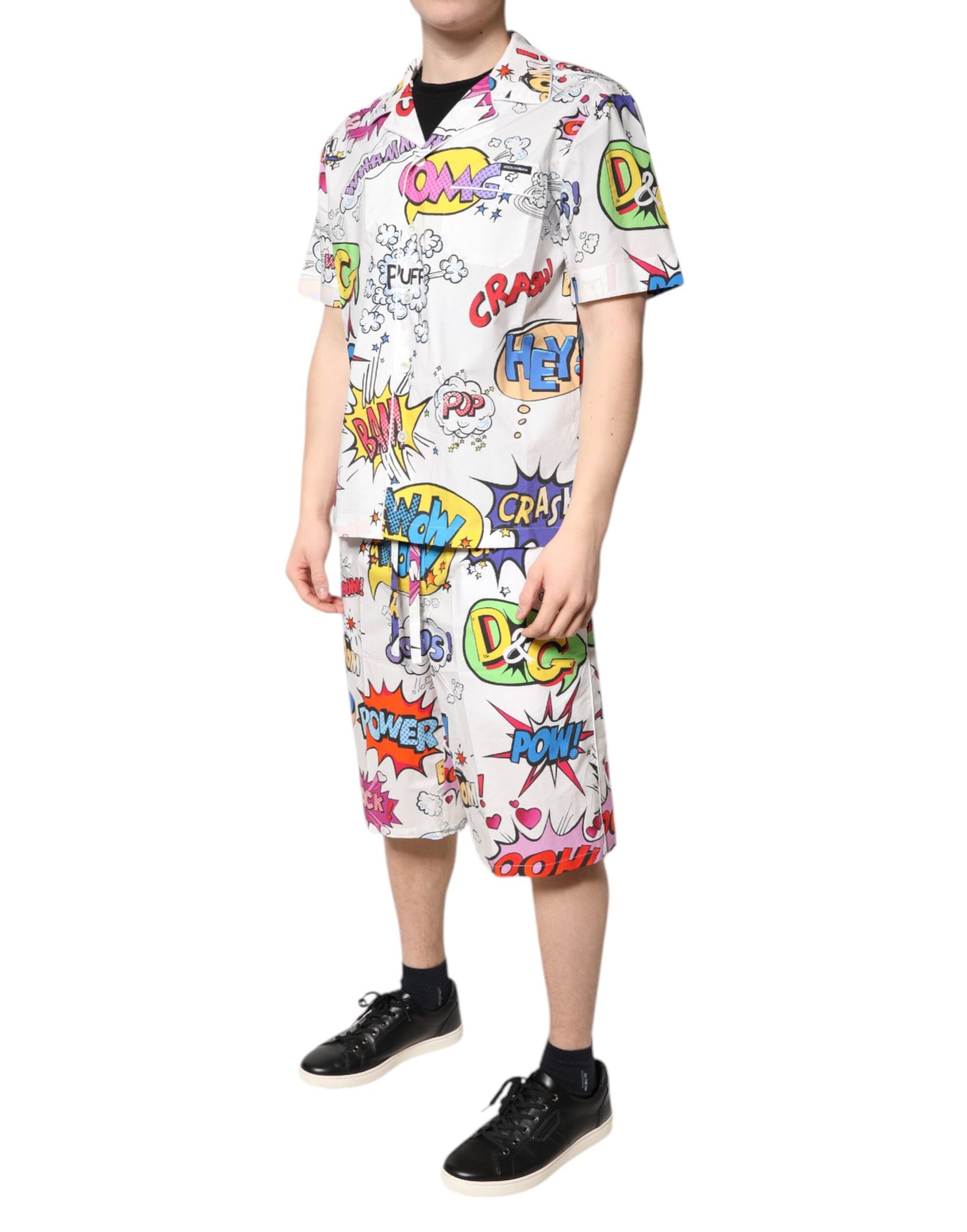 White Cartoon Print Cotton Men Pajama Set Sleepwear
