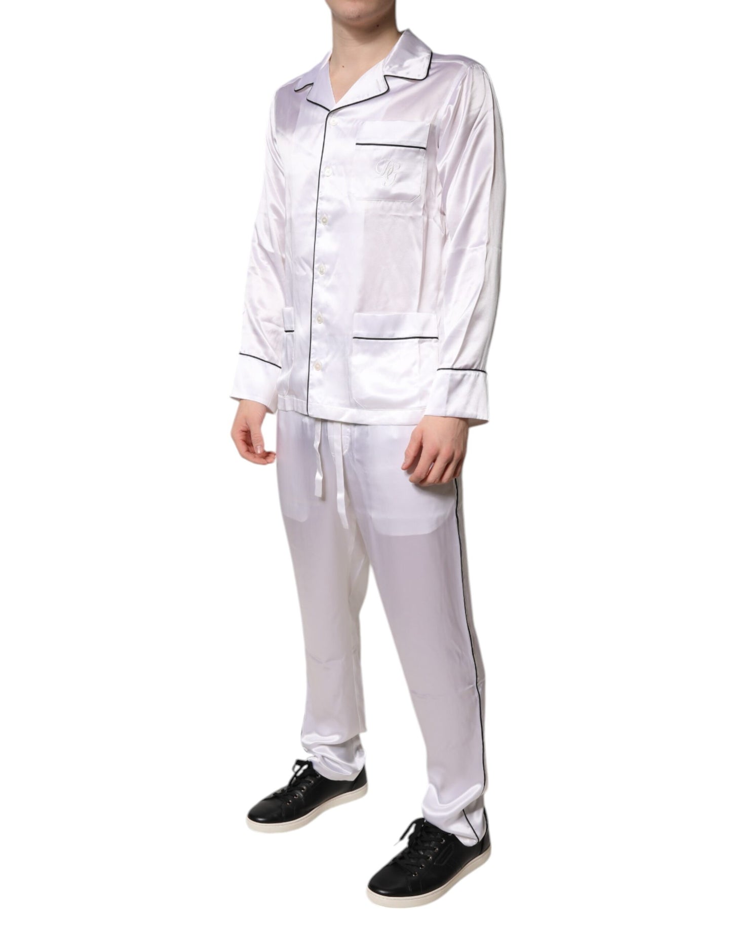 White Satin Silk Men Pajama Set Sleepwear
