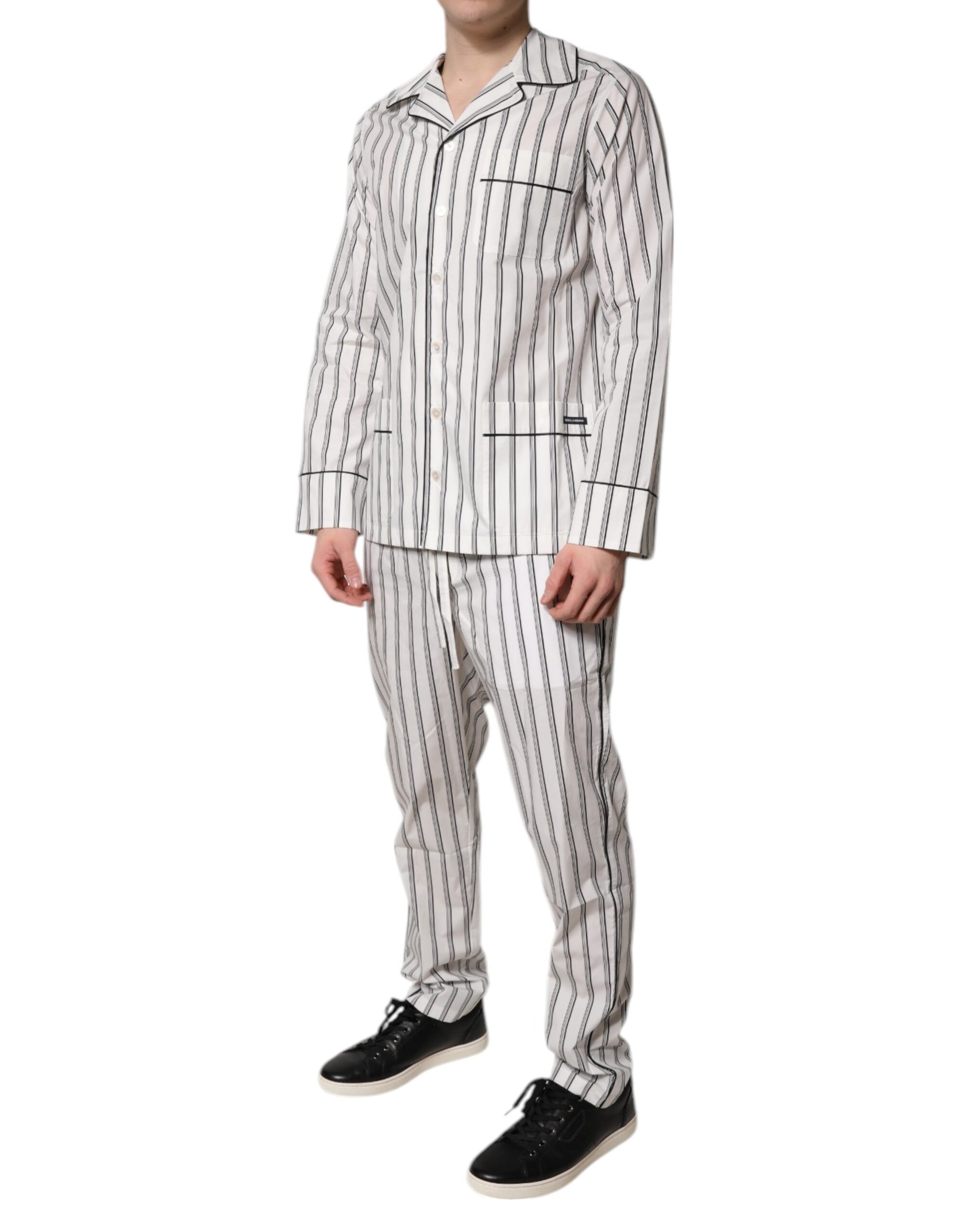 White Black Stripes Cotton Men Pajama Set Sleepwear