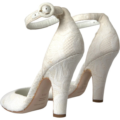 White Floral Jacquard Mary Janes Heels Pumps Shoes