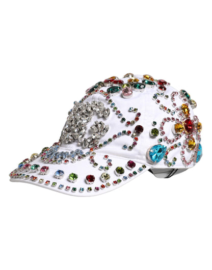 White Multicolor Crystal Embellish Baseball Cap
