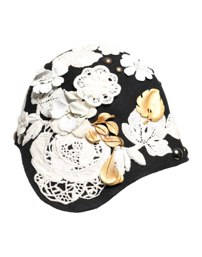 Black Wool White Floral Gold Leaf Cloche Hat