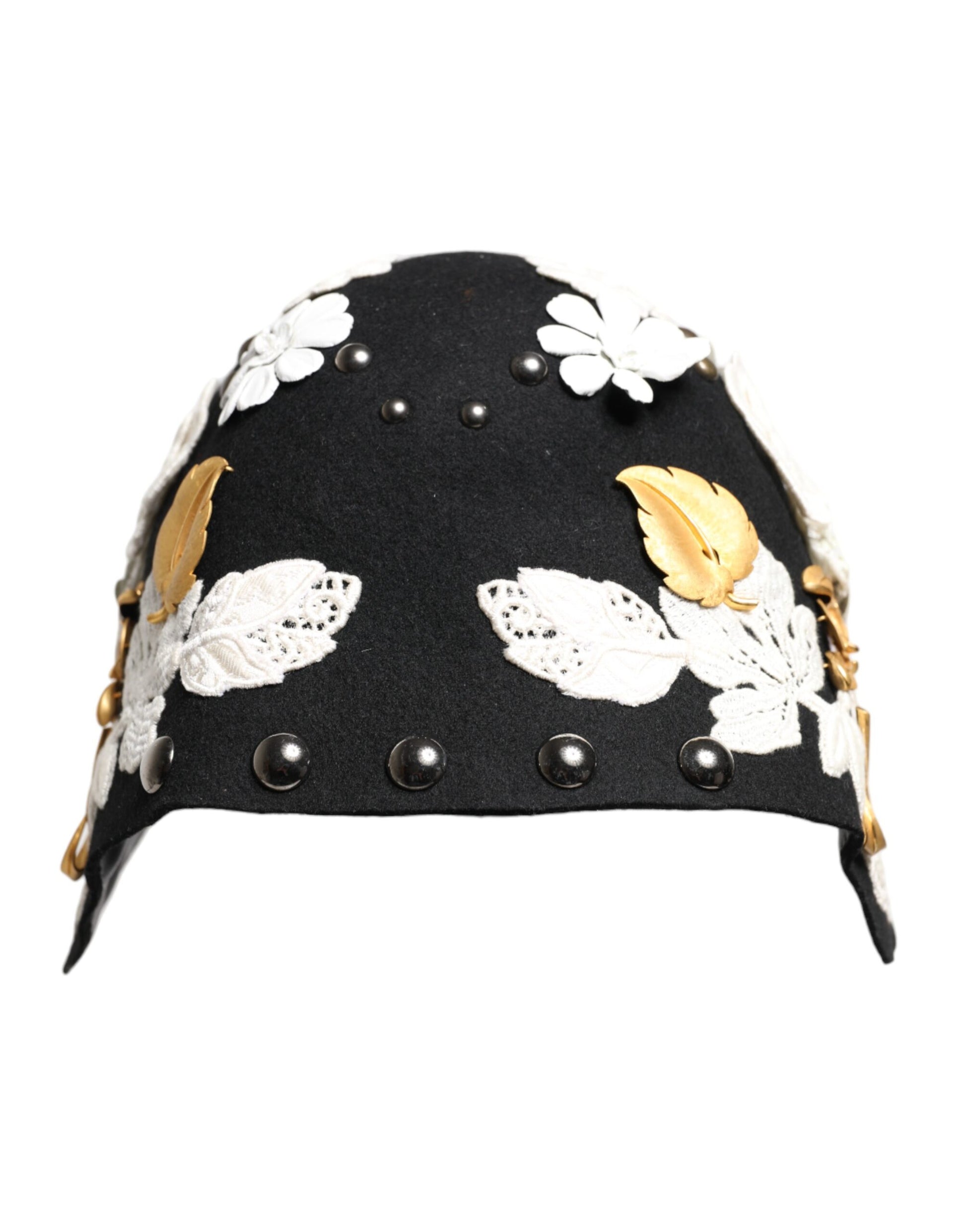 Black Wool White Floral Gold Leaf Cloche Hat
