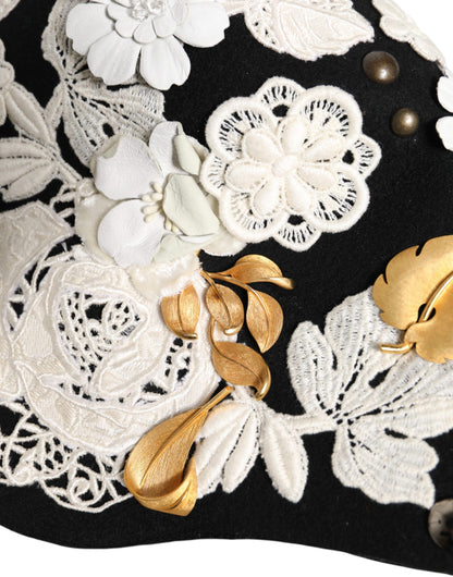 Black Wool White Floral Gold Leaf Cloche Hat