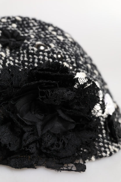 Black Wool White Floral Embellished Cloche Hat