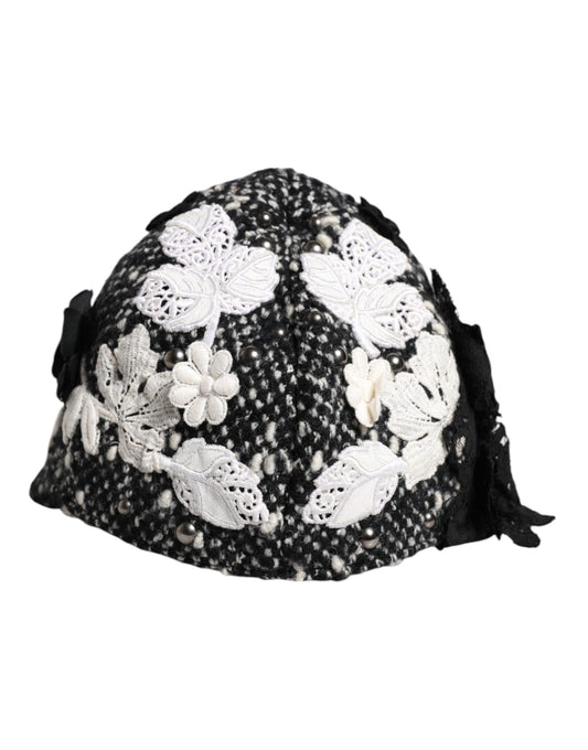Black Wool White Floral Embellished Cloche Hat