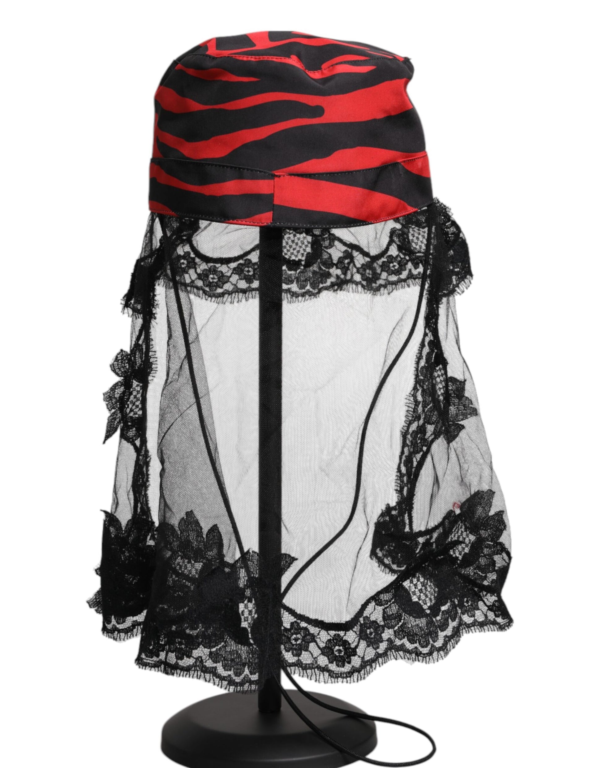 Black Red Stripes Lace Tulle Bucket Hat