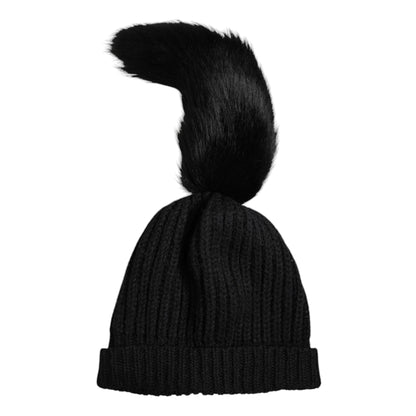 Black Acrylic Knitted Fur Winter Beanie Hat