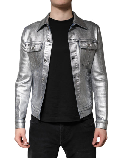Silver Cotton Button Down Denim Biker Jacket