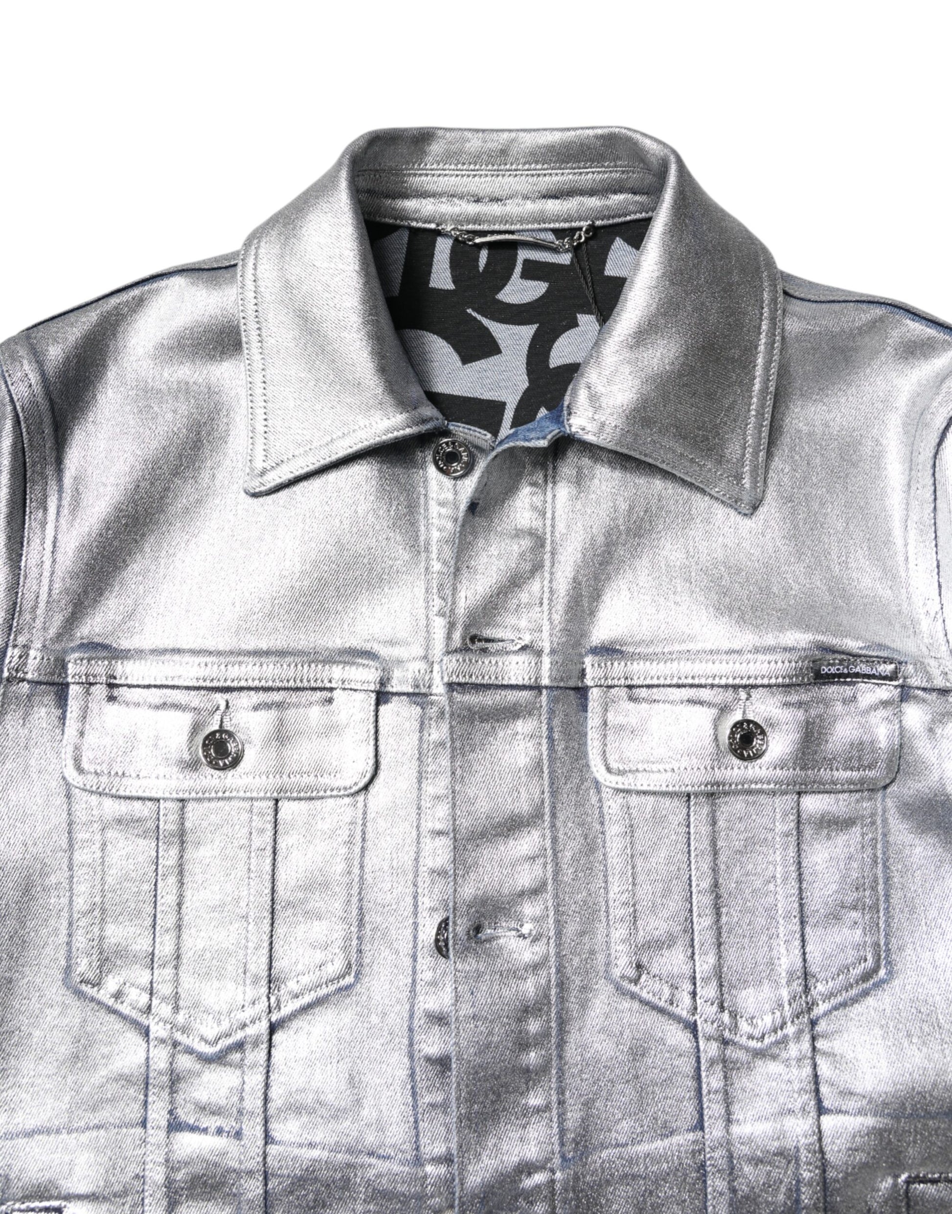 Silver Cotton Button Down Denim Biker Jacket