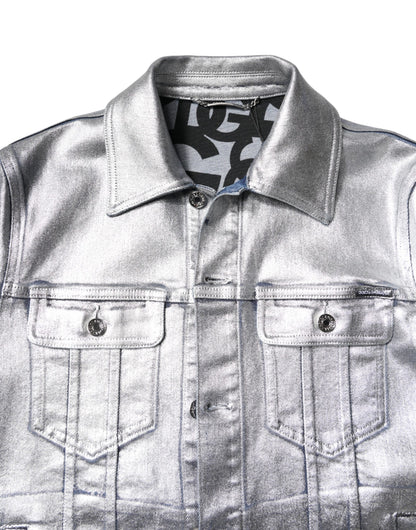 Silver Cotton Button Down Denim Biker Jacket