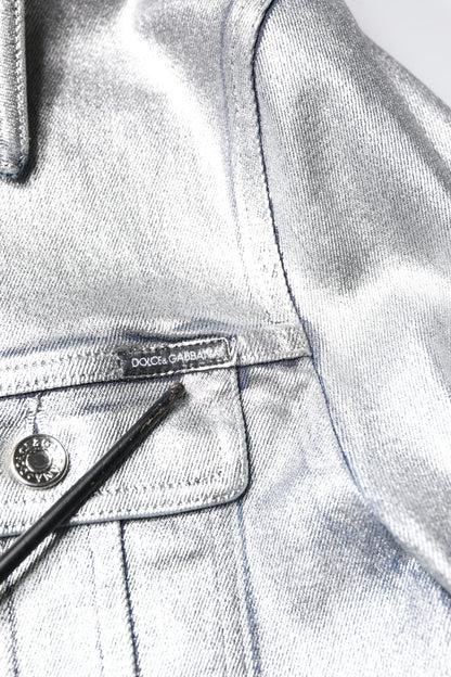 Silver Cotton Button Down Denim Biker Jacket