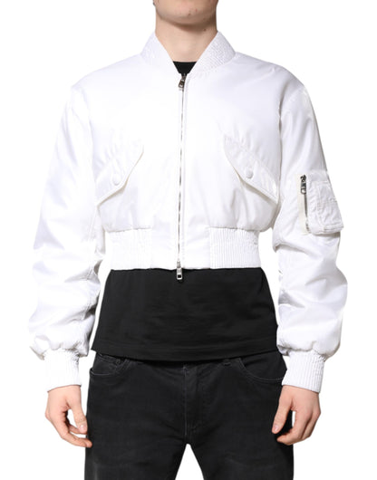 White Nylon Full Zip Cropped Bomber Jacket