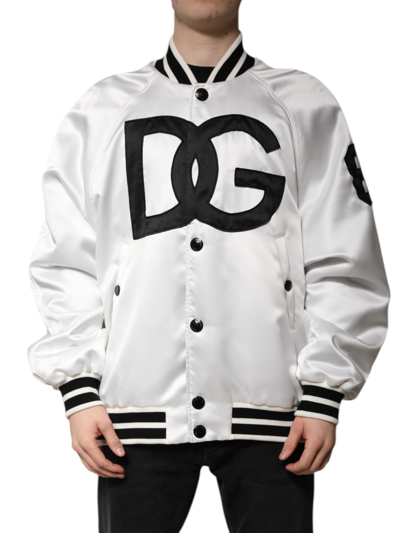 White DG Logo Polyester Jersey Bomber Jacket
