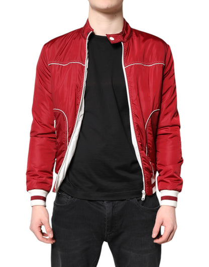 Red White Nylon Full Zip Men Bomber Jacket