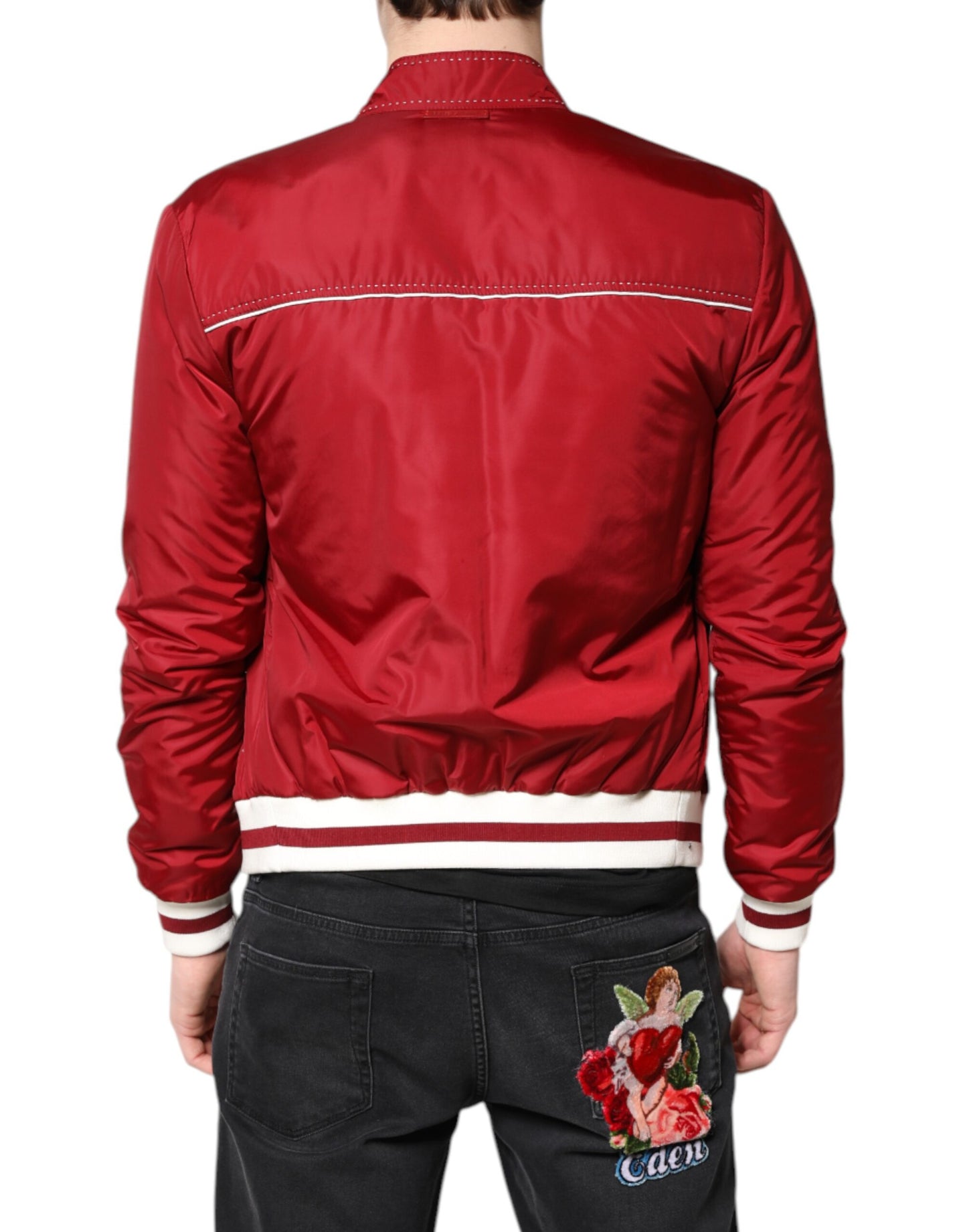 Red White Nylon Full Zip Men Bomber Jacket