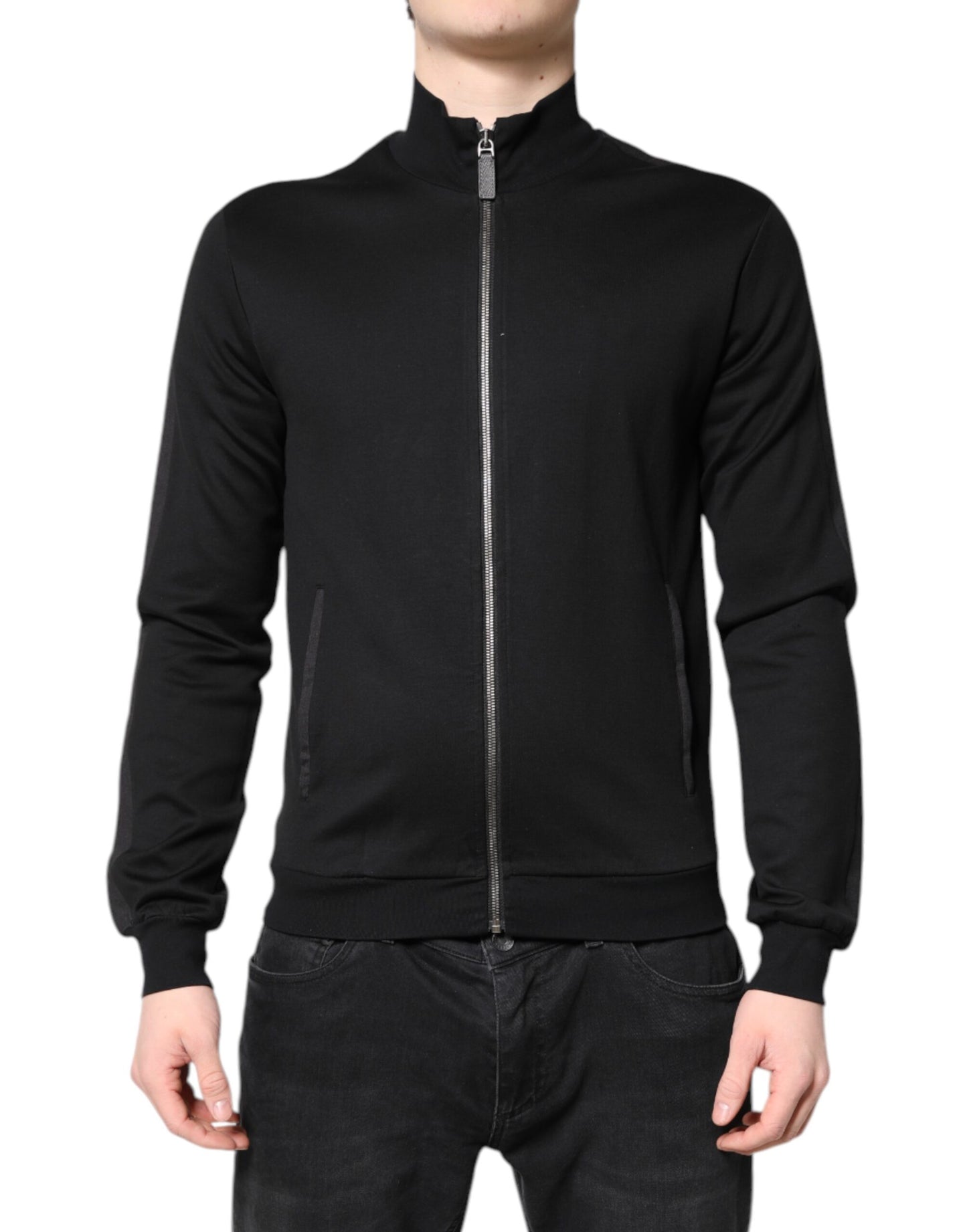Black Cotton Logo Full Zip Men Bomber Jacket
