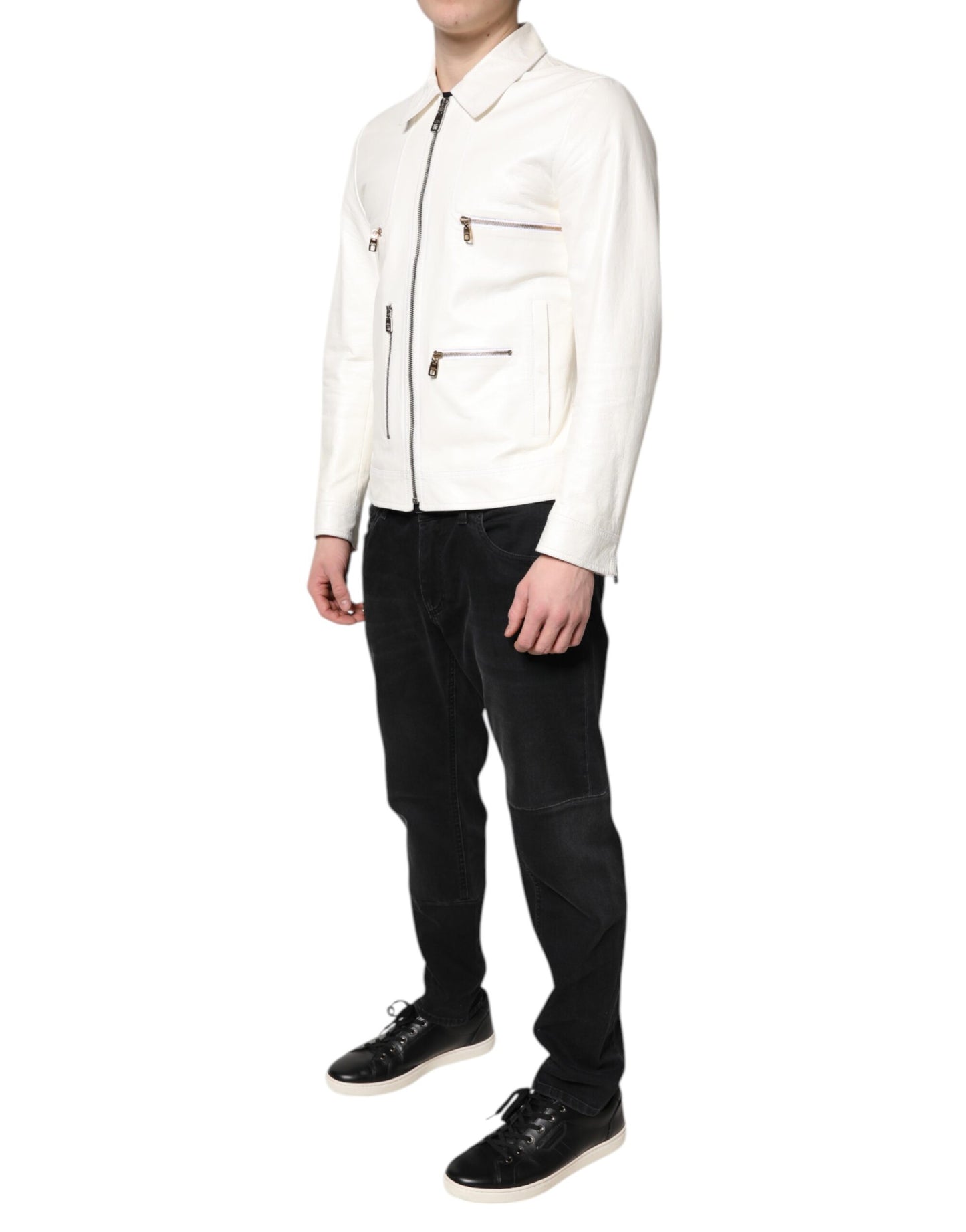 White Collared Full Zip Biker Coat Jacket