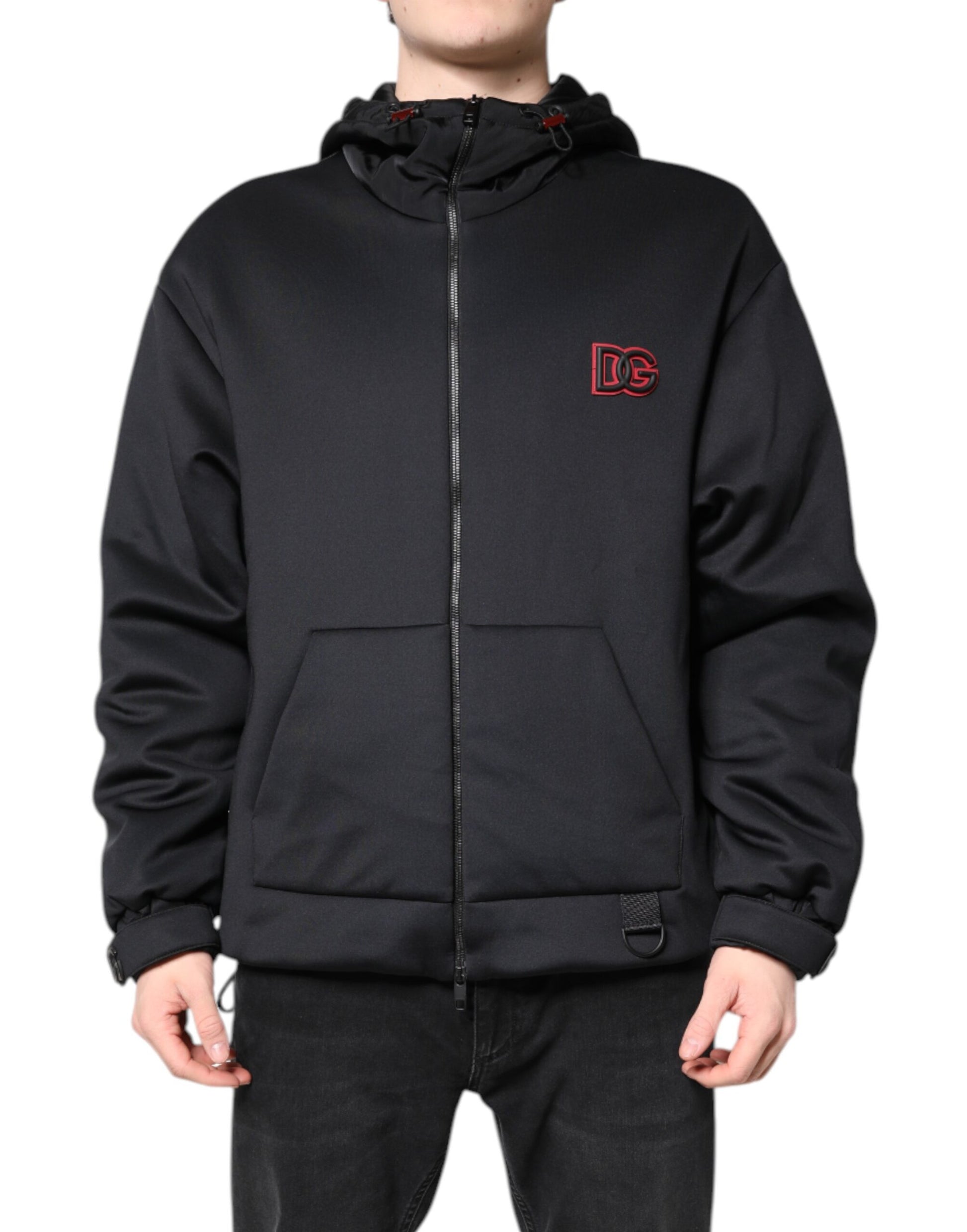 Black Polyester DG Hooded Full Zip Jacket
