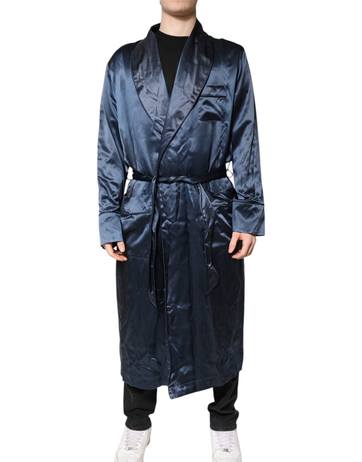 Blue Solid Silk Men Wrap Robe Coat Jacket