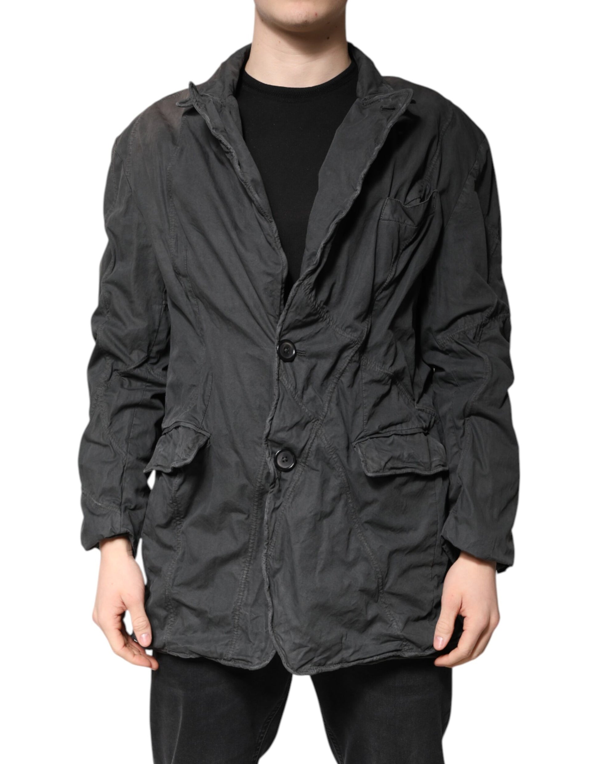 Black Solid Cotton Collared Coat Jacket