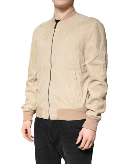 Beige Lambskin Full Zip Men Bomber Jacket