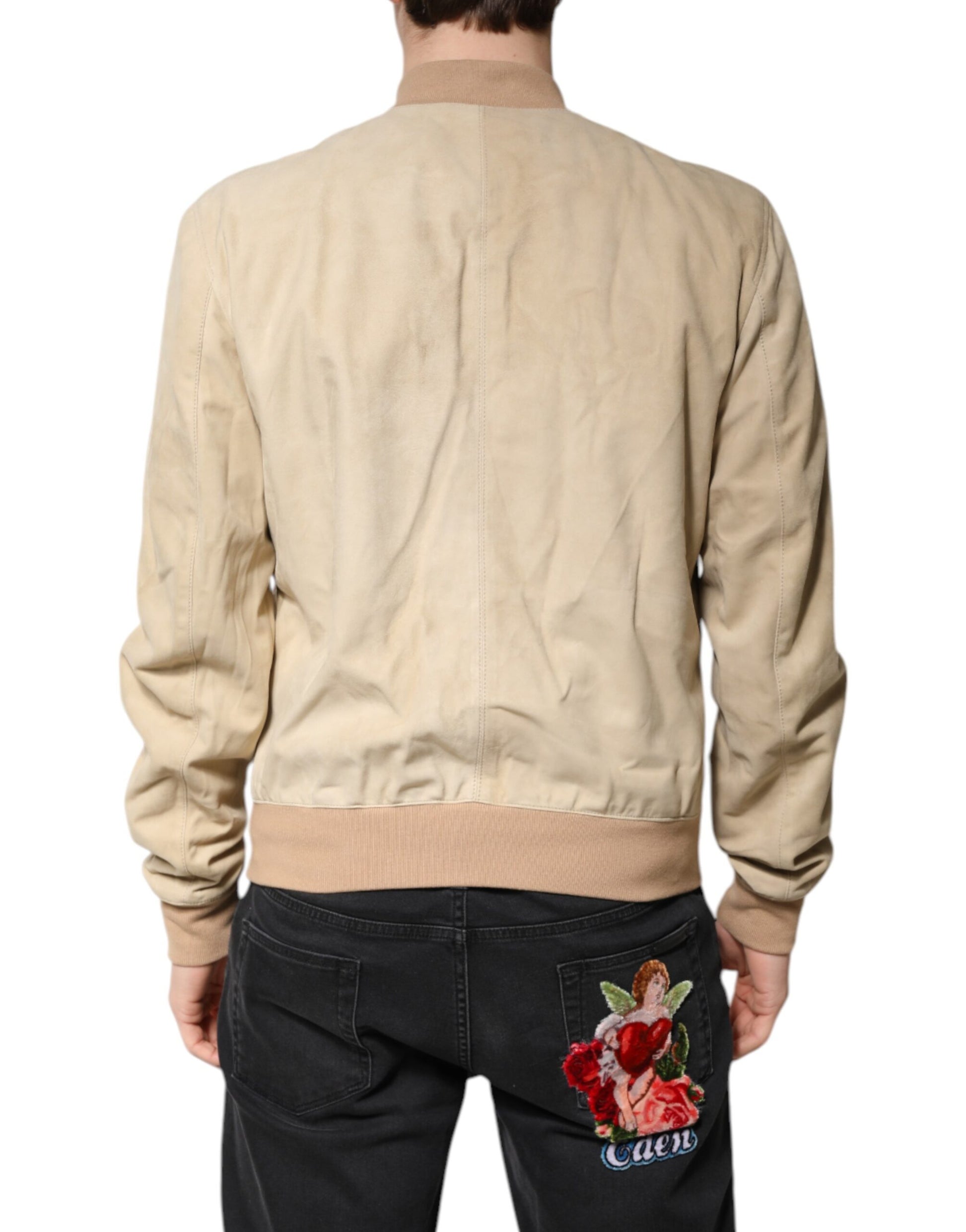 Beige Lambskin Full Zip Men Bomber Jacket