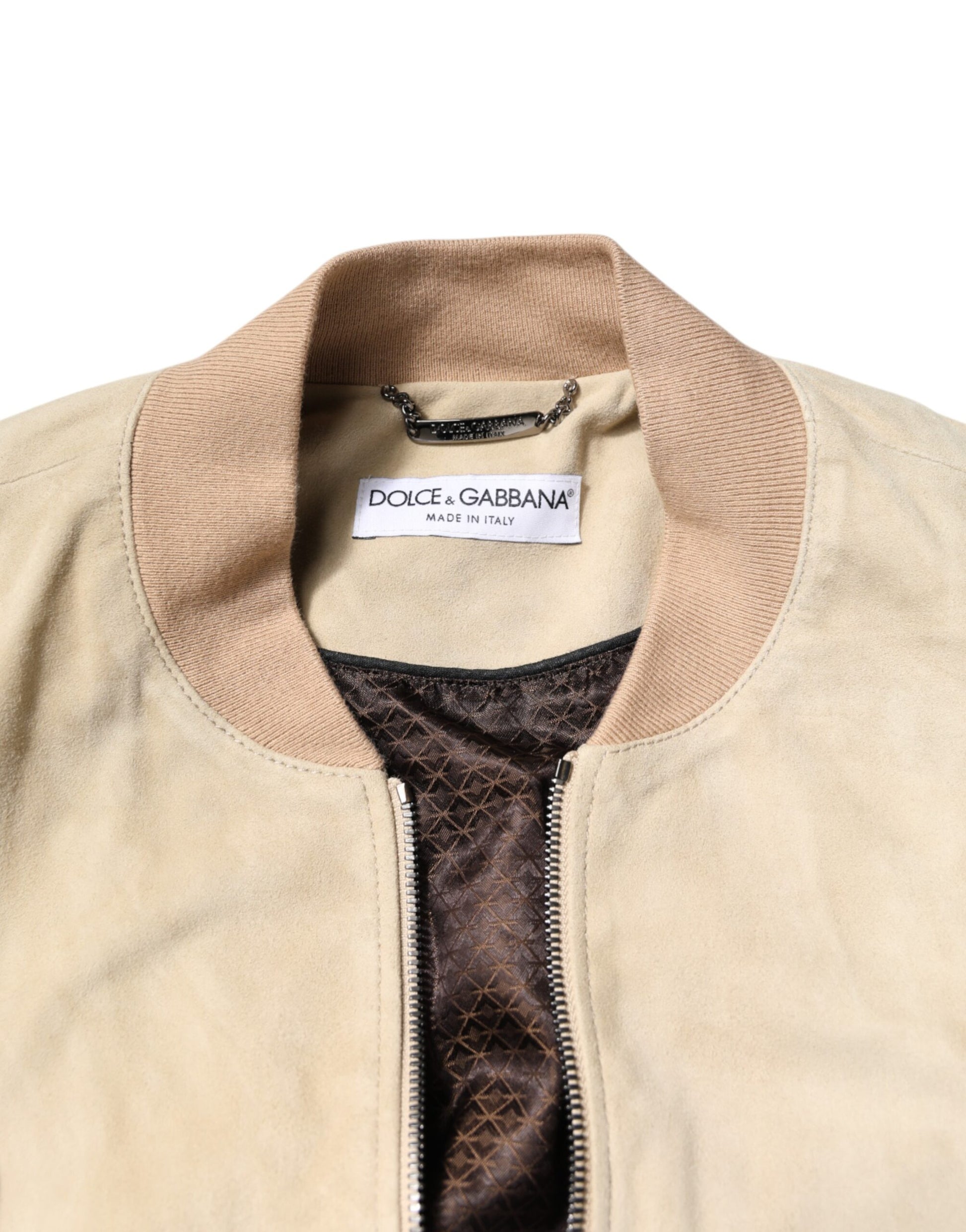Beige Lambskin Full Zip Men Bomber Jacket