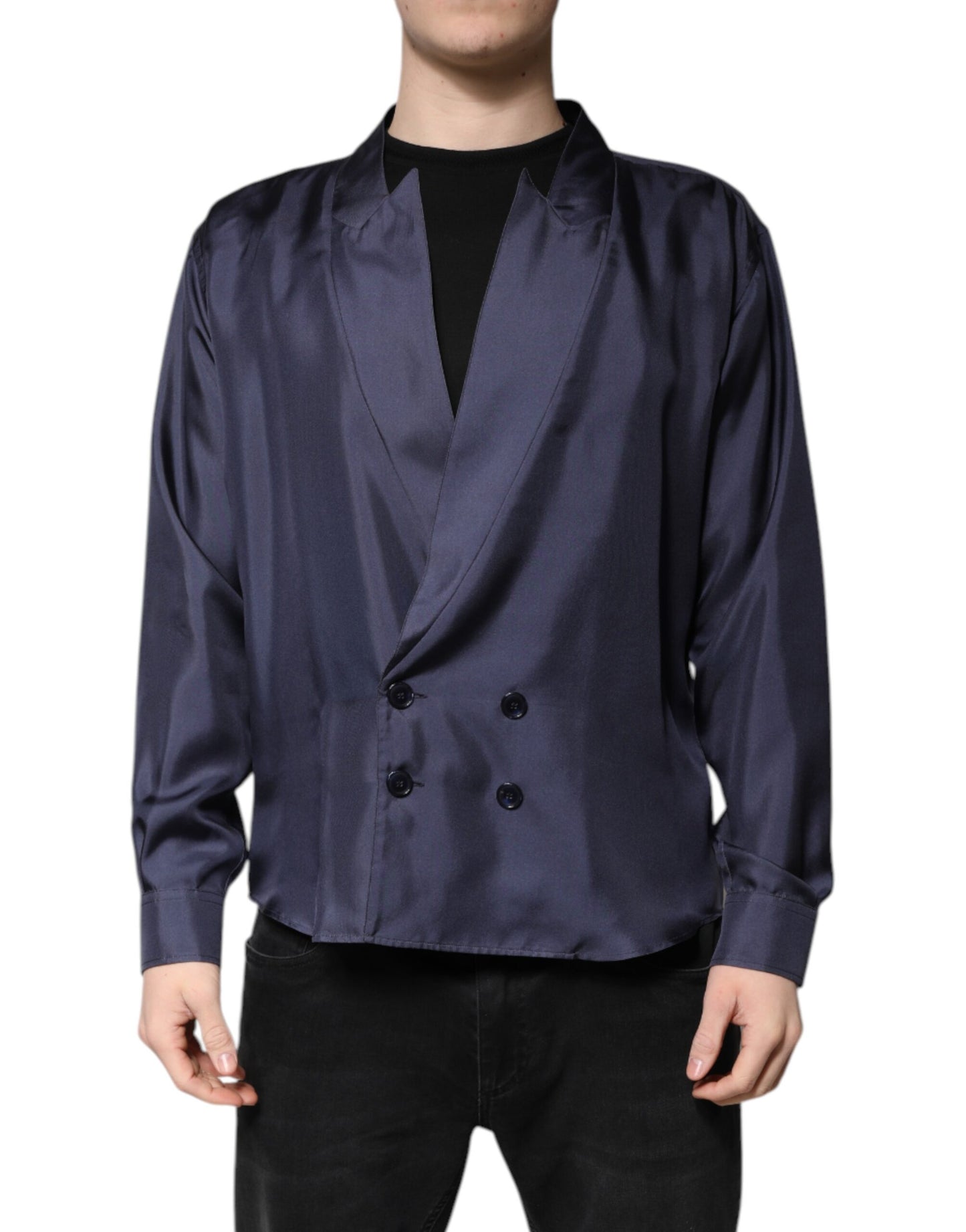 Dark Blue Silk Double Breasted Shirt