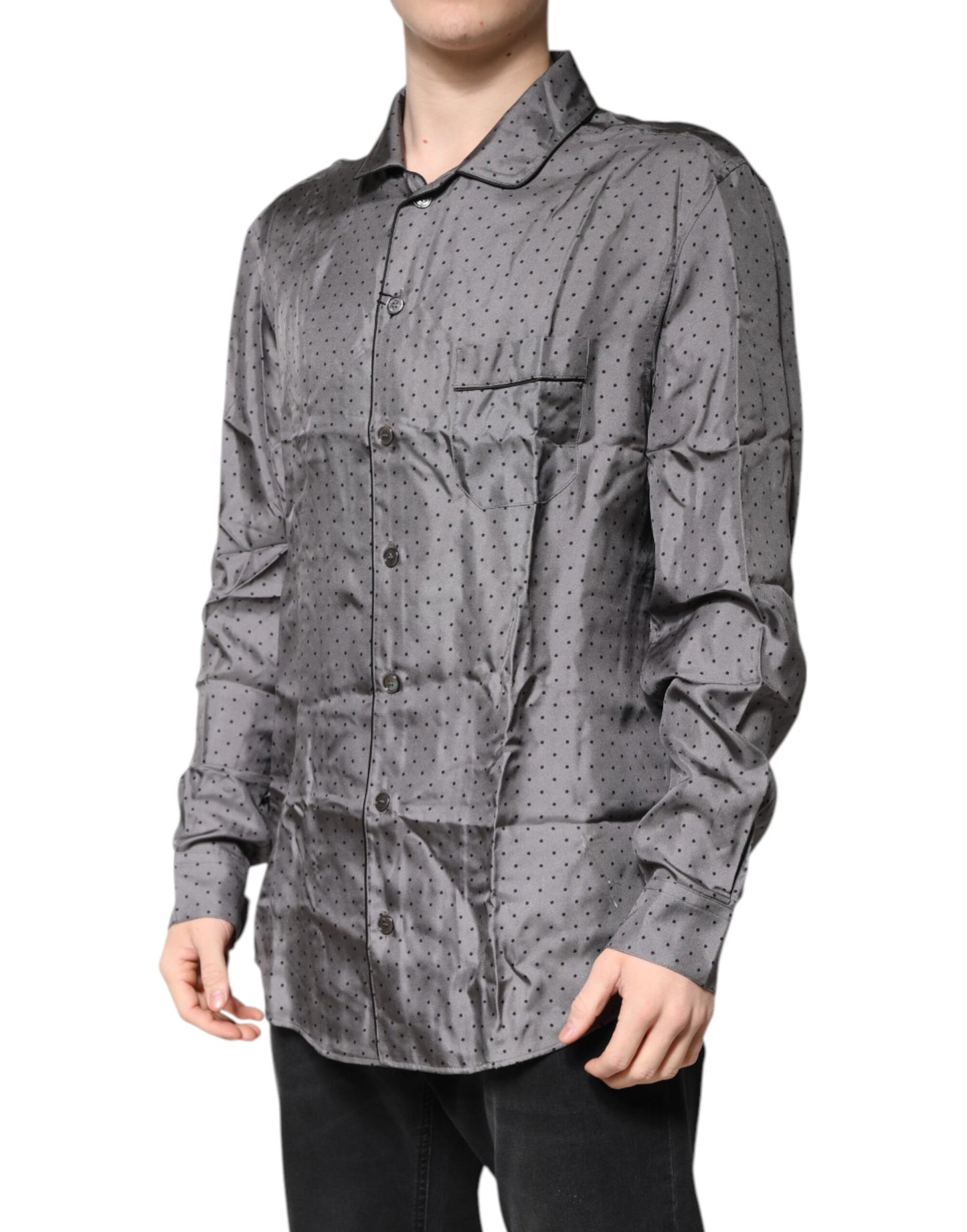Gray Polka Dot Silk Long Sleeve Shirt