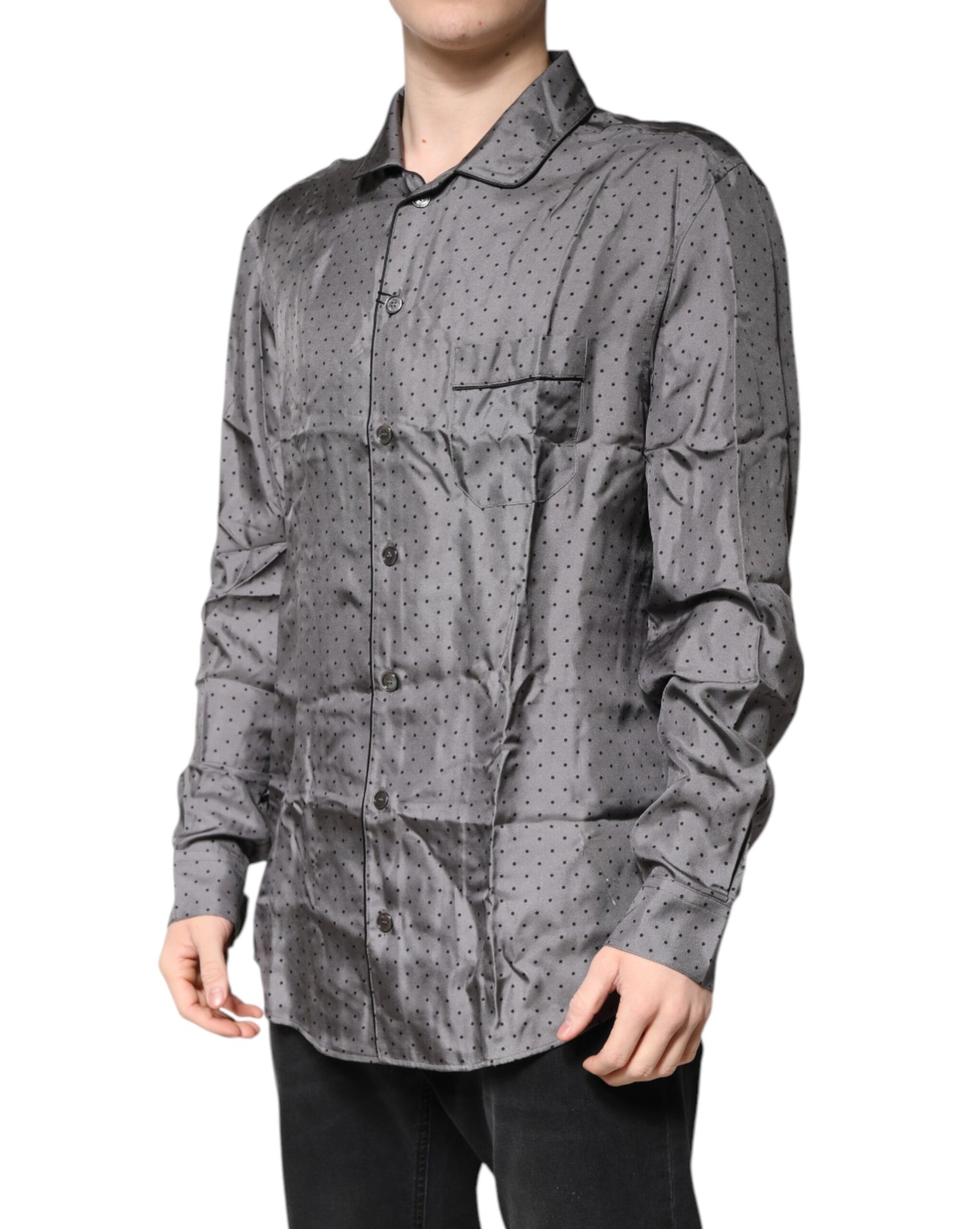 Gray Polka Dot Silk Long Sleeve Shirt