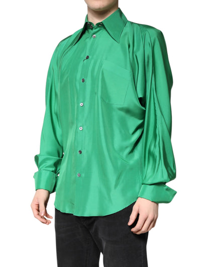 Green Silk Satin Long Sleeves Casual Shirt