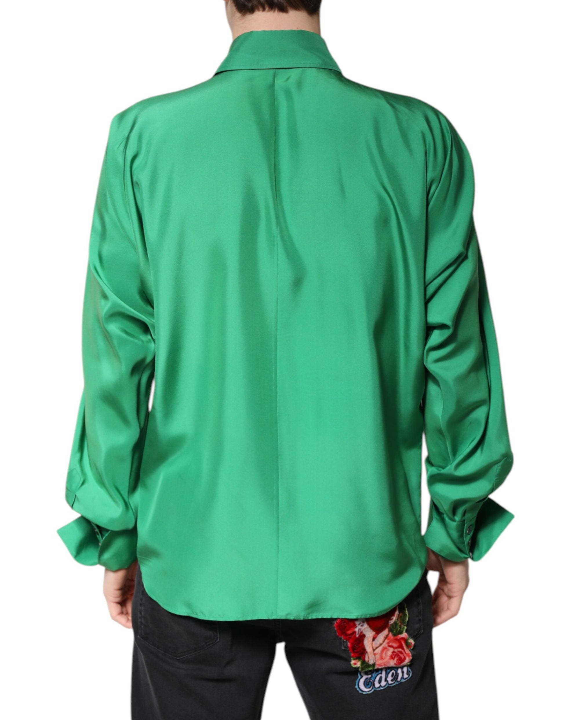Green Silk Satin Long Sleeves Casual Shirt