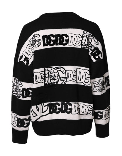 Black White Logo Print Wool Pullover Sweater