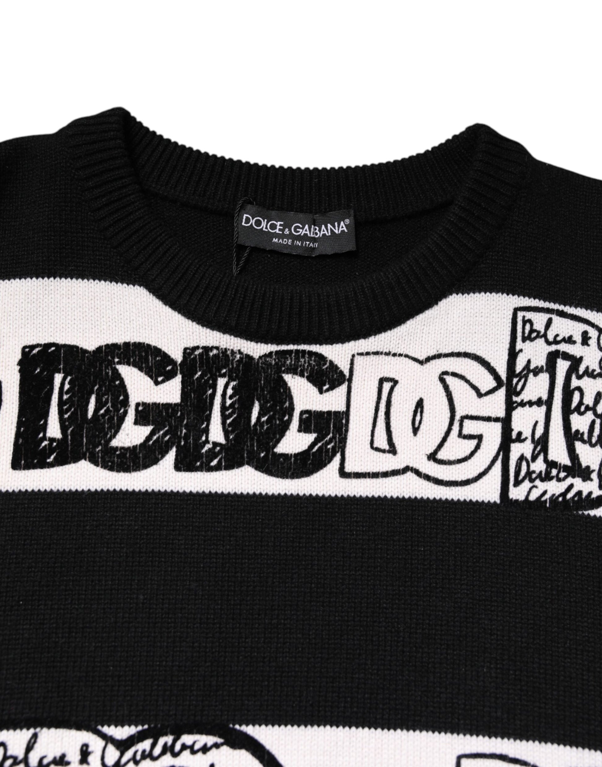 Black White Logo Print Wool Pullover Sweater