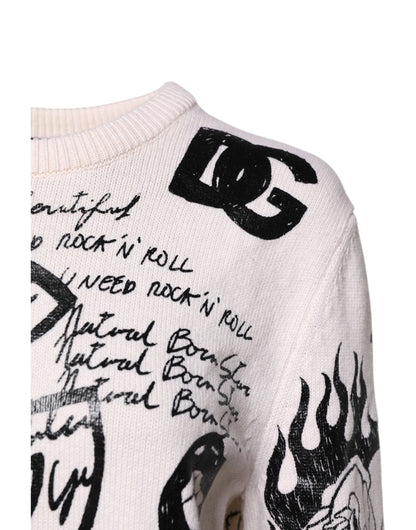 White Black Logo Print Women Pullover Sweater