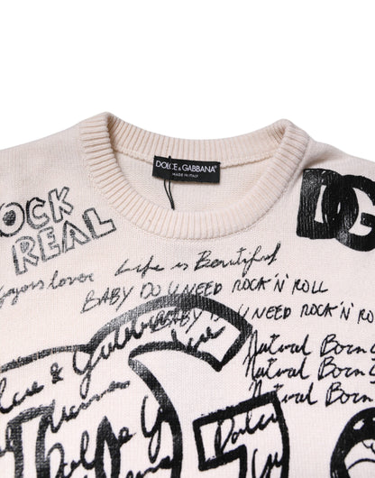 White Black Logo Print Women Pullover Sweater