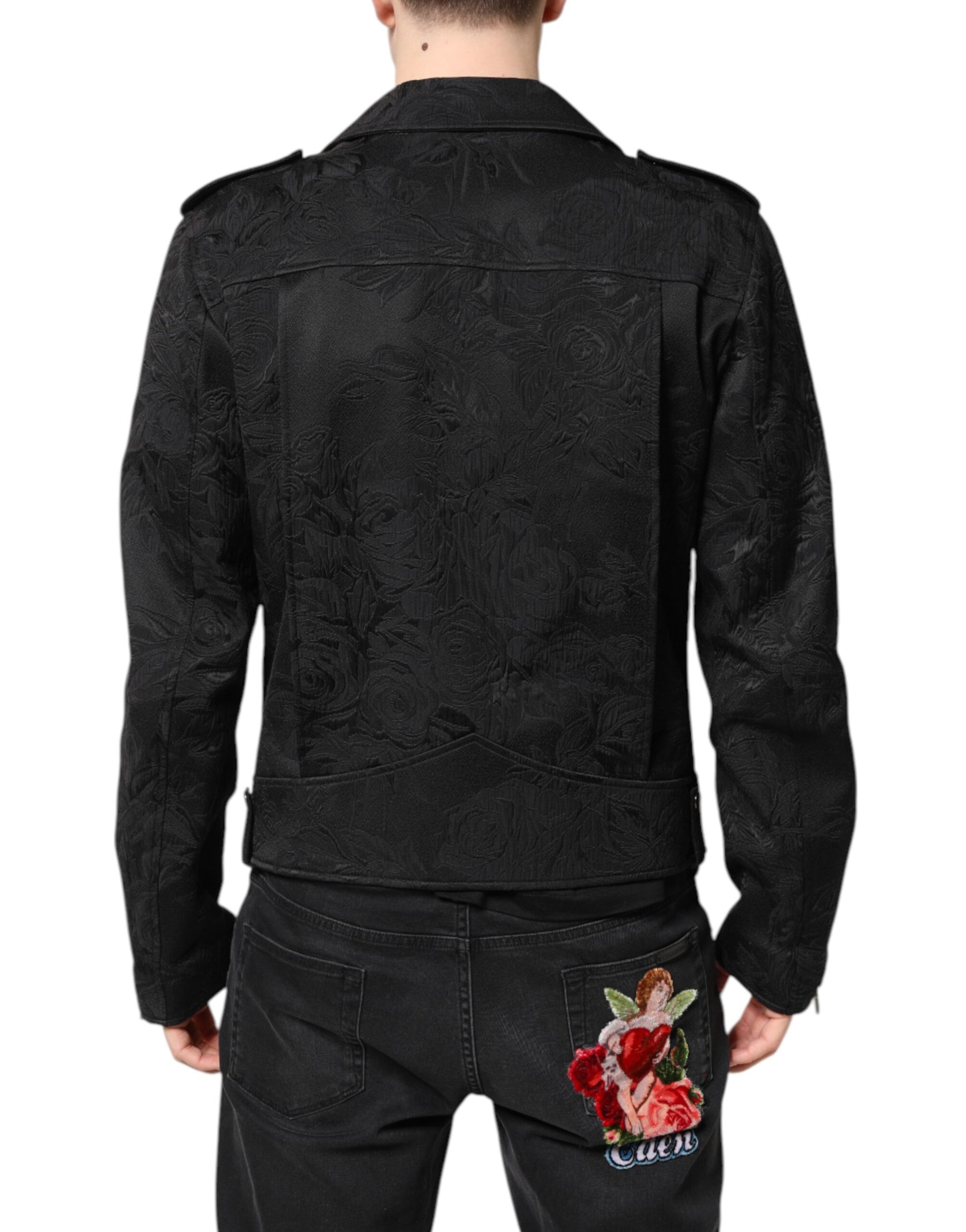 Black Brocade Cotton Full Zip Biker Jacket
