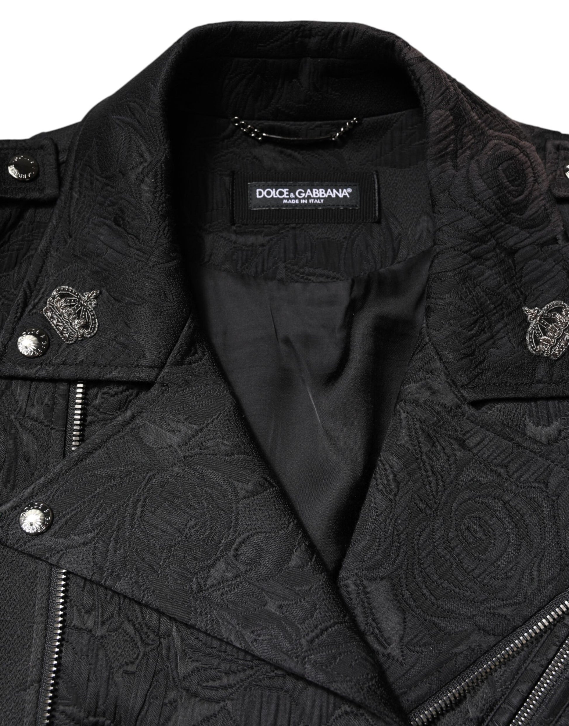 Black Brocade Cotton Full Zip Biker Jacket