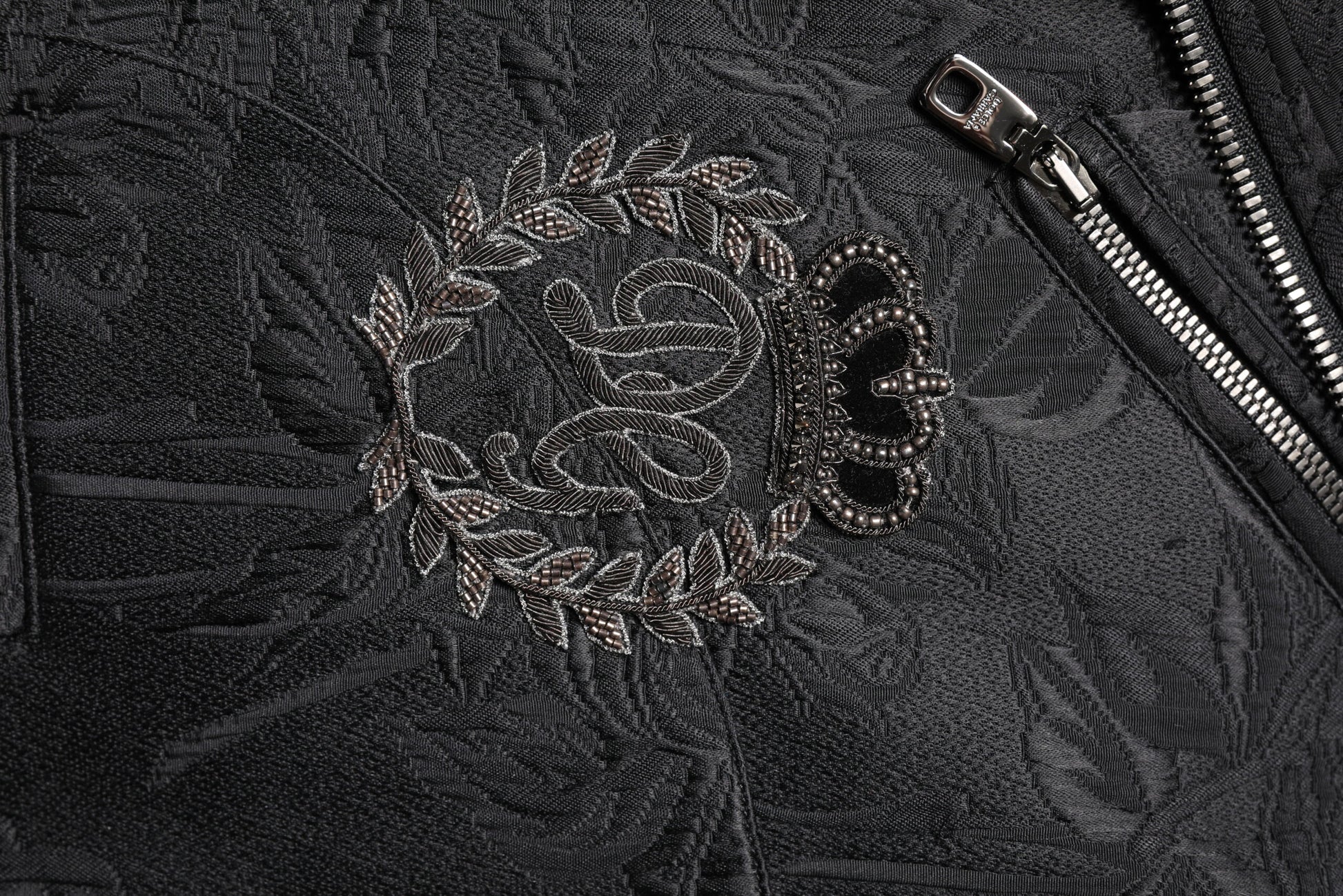 Black Brocade Cotton Full Zip Biker Jacket